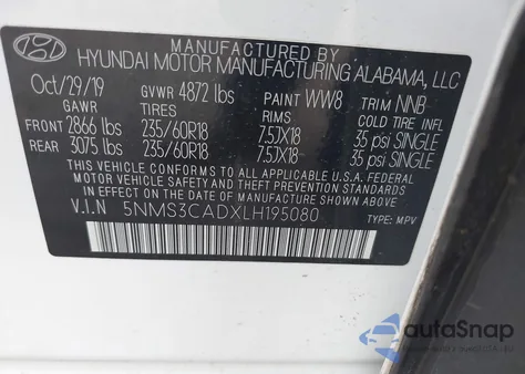 2020 Hyundai Santa Fe Sel from USA, damaged, VIN 5NMS3CADXLH195080